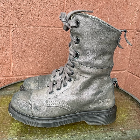 Dr Martens Aimilie Incandescent Gun Metal Suede Leather Fold over Combat boot  8 - Picture 12 of 15